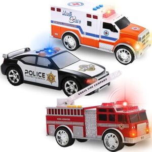 3-in-1 True Hero Emergency Rescue Vehicles Kids Toy Cars Playset - Ambulance, Fire Truck, and Police Car with 3-Button LED Light and Sound Effects by Liberty Imports