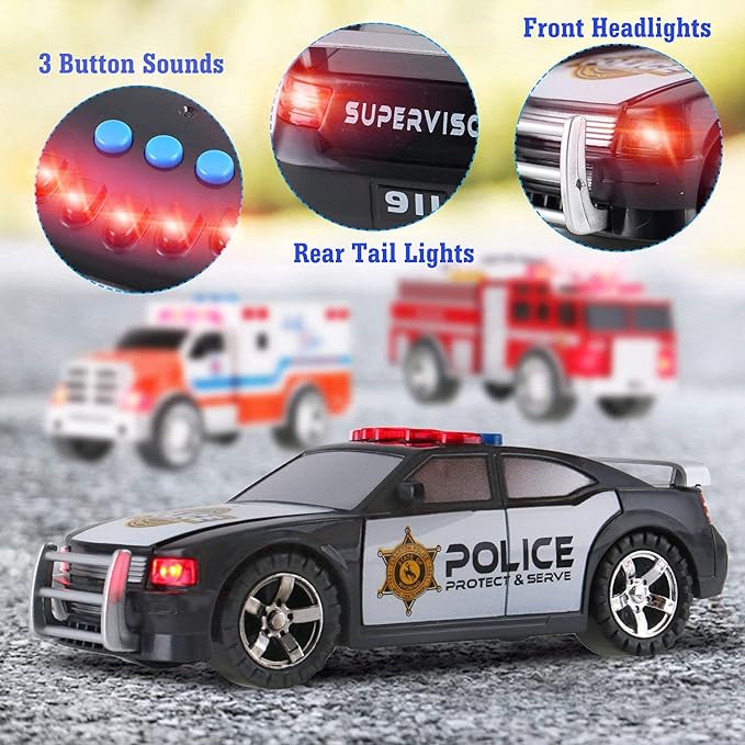 3-in-1 True Hero Emergency Rescue Vehicles Kids Toy Cars Playset - Ambulance, Fire Truck, and Police Car with 3-Button LED Light and Sound Effects by Liberty Imports2