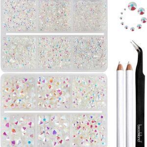Beadsland 7200pcs Flatback,Clear Rhinestones Nail Gems Round Crystal for Crafts,Mixed 6 Sizes with Wax Pencil Kit