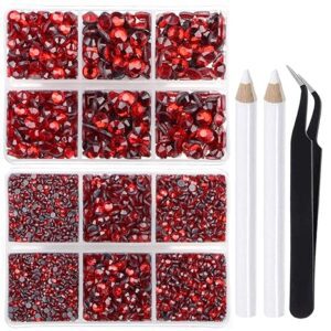 LPBeads 6400 Pieces Hotfix Rhinestones Siam Flat Back 5 Mixed Sizes Crystal Round Glass Gems with Tweezers and Picking Rhinestones Pen