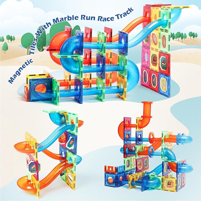 MAGBLOCK 176 Pcs Marble Run Magnetic Tiles Set2