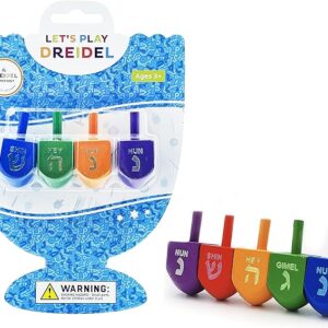 Wood Multi-Colored Dreidels Medium Sized Hanukkah Draydels with English Transliteration (4-Pack)
